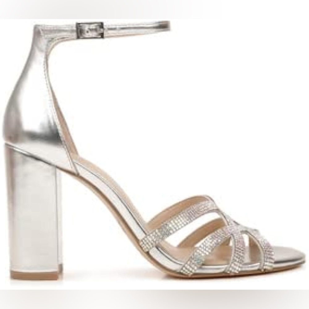 Jewel Badgley Mischka Silver Fidelity Strappy Heels with Block Heel Size 9